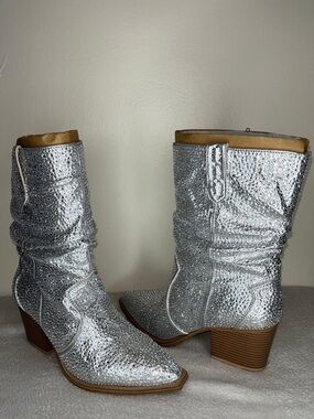 Silver Embellished Mid-Calf Western Boots